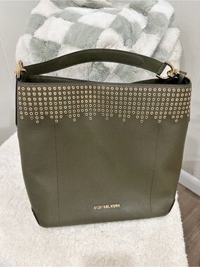 Michael Kors Olive Green Studded Leather Hobo Shoulder Bag